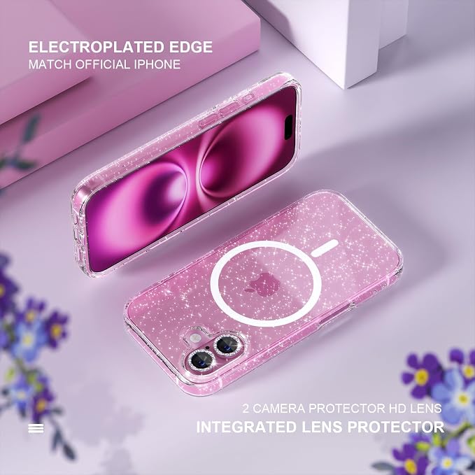 Choiche for iPhone 16 Plus Case Magnetic, Women Clear Glitter Bling Sparkly Case, [2xDiamond Camera Lens Protectors] [2xTempered Glass Screen Protectors] [Compatible MagSafe] 6.7" (Glitter Clear) | Women, Bling, Sparkly, Compatible MagSafe