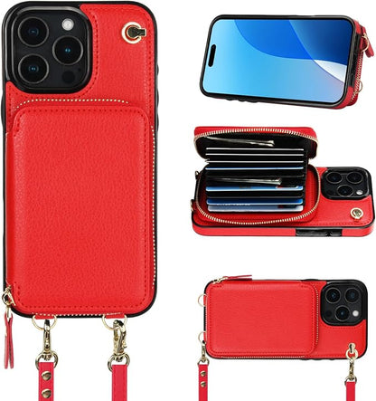 Bocasal Crossbody Wallet Case for iPhone 16 Pro Max, RFID Blocking Leather Purse Case with Card Holder, Protective Handbag Flip Cover with Zipper Wrist Strap Lanyard for Women 5G 6.9 Inch (Red)