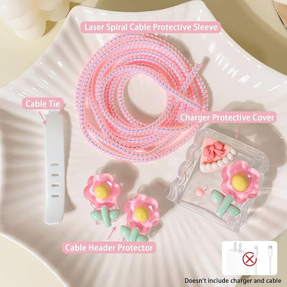 Lovmooful Compatible for iPhone 18W/20W USB-C Charger Cover Clear Lovely 3D Flower Floral Bowknot Design Soft Charger Protector Cute Cable Case Saver Protector for Girls Women-Pink Flower