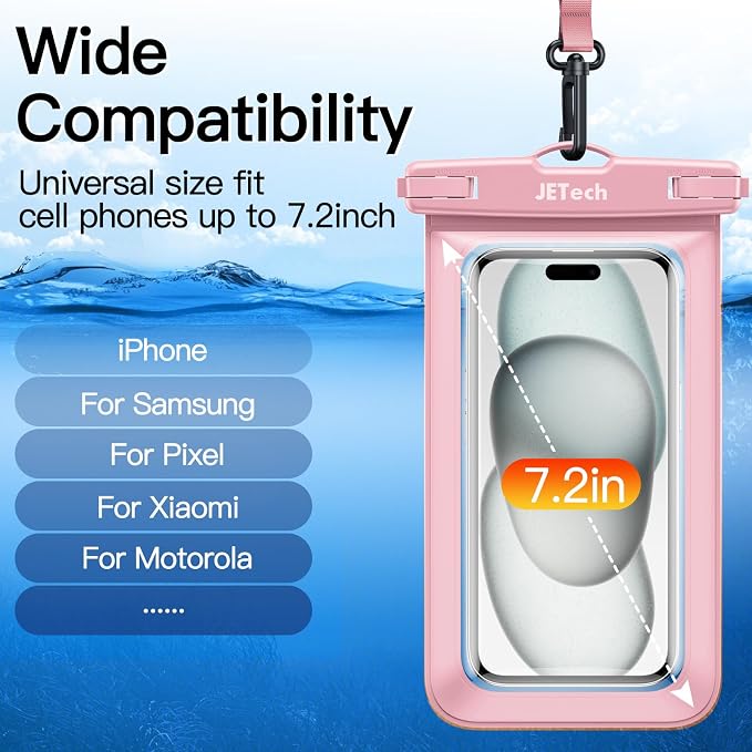 JETech Waterproof Phone Pouch, 2 Pack Water Proof Case for iPhone 17e 17 16e 16 15 14 Air Pro Max Plus, Galaxy S26 S25 Ultra, Pixel 10 Series and Others up to 7.2 Inch, IPX8 Dry Bag (Black+Pink)