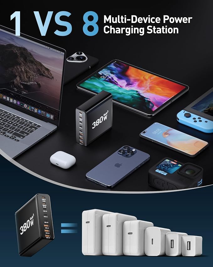 380W USB C Charger Block with 4 USB Cables Dual 100W Charging Station | 8-Port USB C Charging Station Laptop Charger Fast Type C Charging Block for MacBook Pro, Dell XPS, iPhone, iPad, Tablet