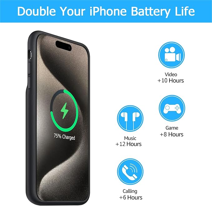 Battery Case for iPhone 15 Pro Max, [12000mAh] Enhanced Portable Protective Qi Wireless Charger Case Battery Pack with CarPlay Wireless Charging Case Compatible for iPhone 15 Pro Max (6.7 inch)-Black