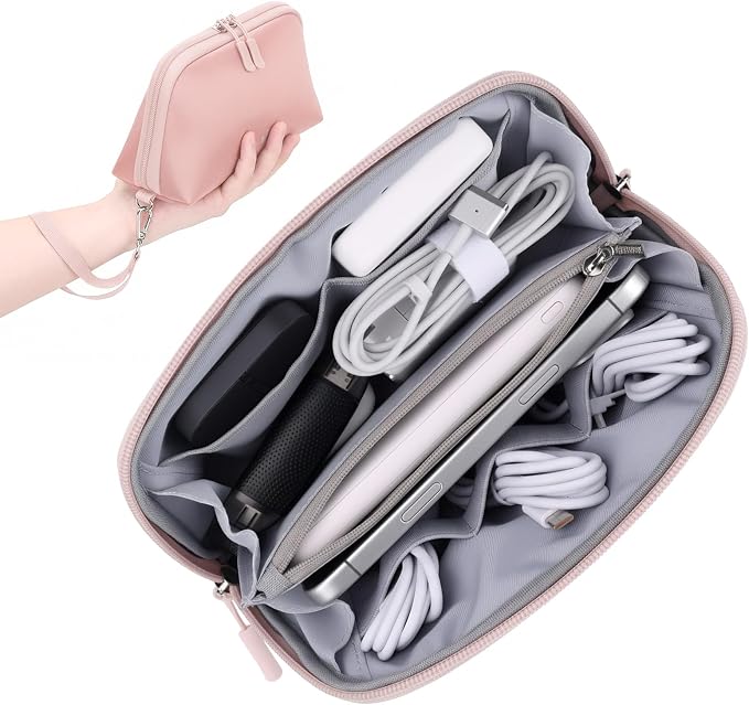FYY Travel Cable Organizer - 8 Compartments, Lightweight, Water Repellent | With Wrist Strap, Portable Tech Pouch for Cord Charger, Travel and Business Trips Use, Soft Shell Nylon, Pink (Small)
