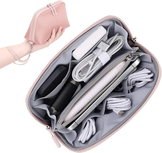 FYY Travel Cable Organizer - 8 Compartments, Lightweight, Water Repellent | With Wrist Strap, Portable Tech Pouch for Cord Charger, Travel and Business Trips Use, Soft Shell Nylon, Pink (Small)