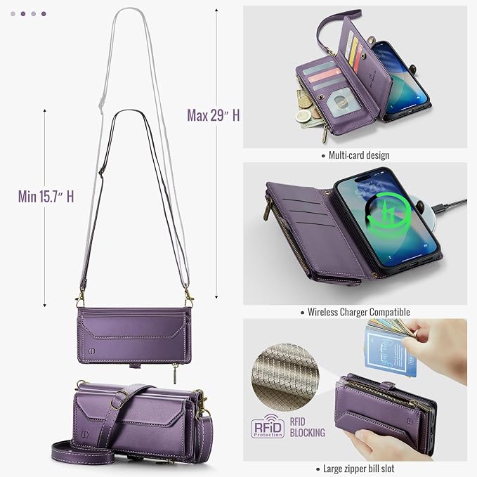 Strapurs Wallet Case Compatible with iPhone 17 6.3" RFID Blocking 9-Card Holder Soft PU Leather Magnetic Snap Shoulder Strap Zipper Pocket Phone Case Fit for iPhone 17 for Women - Purple