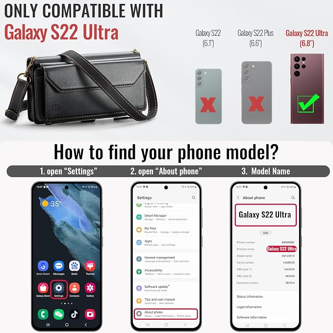 Strapurs Crossbody Wallet Case Compatible with Samsung Galaxy S22 Ultra 5G RFID Blocking 10-Card Holder Soft PU Leather Magnetic Snap Strap Zipper Pocket Phone Case Fit for Galaxy S22 Ultra - Black