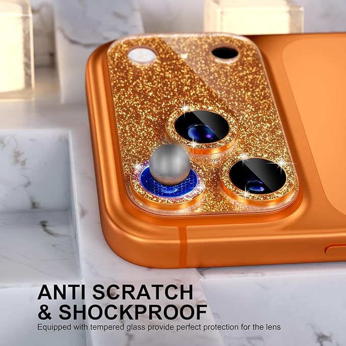 Choiche Compatible for iPhone 17 Pro Max Camera Lens Protector, Bling Camera Cover with 9H Tempered Glass Lens Screen Protector Metal Ring Decoration Accessories 6.9-inch (Glitter-Orange)