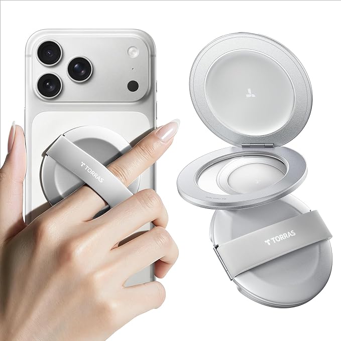 TORRAS 2026 Upgraded (Gen 7.0) Magnetic Phone Grip Ring Stand Holder, Comfortable Silicone Ring, Compatible with MagSafe Accessories 4-in-1 Kickstand for iPhone 17 pro max 16 15 14 13, Android,Silver