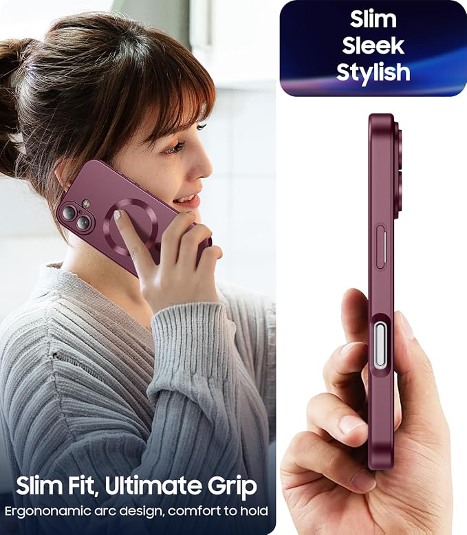 Magnetic for iPhone 17 Case [Compatible with MagSafe][Built-in Camera Lens Protector] Slim Thin Soft Silicone Bumper Shockproof Metallic Luster Phone Case (Burgundy)