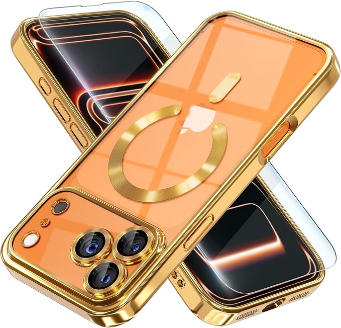 Misea Magnetic for iPhone 17 Pro Case Compatible with MagSafe [Never Yellowing] [Military Grade Drop Protection] Full Camera Lens Protector Plating Soft Clear Phone Case for Women, Gold