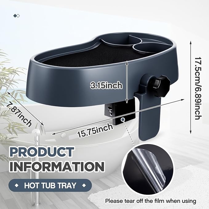 Geelin 3 Pcs Hot Tub Table Tray, Adjustable Aboveground Bathtub Tray with 2 Cup Holder, Between 2'' to 7.5'' Nonslip Hot Tub Accessories Shelf Drinks Snacks Phone Holder for Spa Bathtub (Navy Blue)