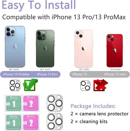 2 Pack Camera Lens Protector for iPhone 13 Pro/13 Pro Max,[Not Easy to Breakn ] AR Tempered Glass Strong Adsorption Metal Camera Cover Screen-Silvery