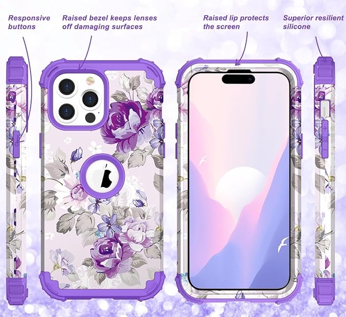 Hocase for iPhone 15 Pro Max Case, Heavy Duty Shockproof Protection Soft Silicone Rubber Bumper+Hard Plastic Hybrid Protective Case for iPhone 15 Pro Max 6.7" 2023 - Lavender Flowers