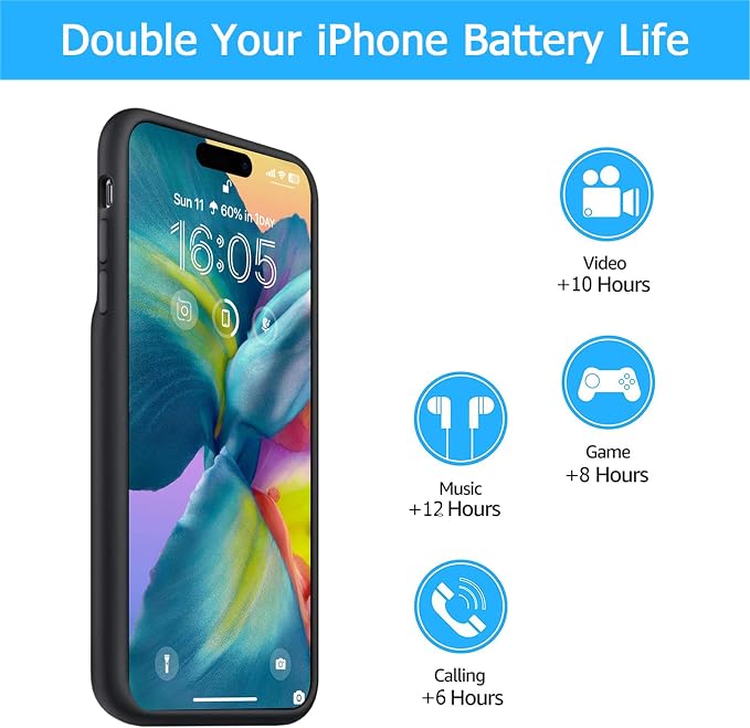 Battery Case for iPhone 16 Pro, [10000mAh] Enhanced Portable Protective Smart Qi Wireless Charger Case Battery Pack with CarPlay Wireless Charging Cover Compatible for iPhone 16 Pro (6.3 inch)-Black