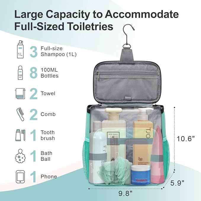 F-color Shower Caddy Portable for College Dorm Essentials - Large Hanging Sturdy Handle Toiletry Tote Bag with Hook, Multiple Pockets, Quick Dry Organizer for Camping, Travel, Gym, Cyan