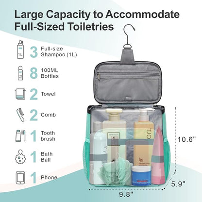 F-color Shower Caddy Portable for College Dorm Essentials - Large Hanging Sturdy Handle Toiletry Tote Bag with Hook, Multiple Pockets, Quick Dry Organizer for Camping, Travel, Gym, Cyan