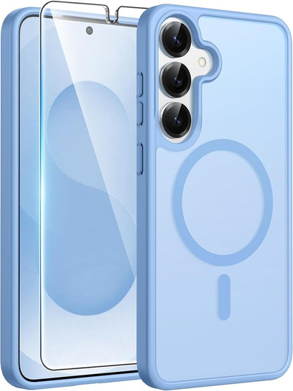 FNTCASE for Samsung Galaxy S25/S24 Plus Case, Fit Magsafe, Screen Protector | Translucent Matte Magnetic Back, 14FT Military Grade Drop Protection, Shockproof Protective Phone Cover, Light Blue