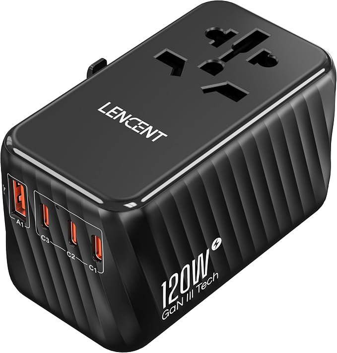 LENCENT International Travel Adapter, 120W GaN Universal Fast Charger | with 3 PD3.0 Type C+1 QC USB A, All in One Power Adaptor for iPhones,Laptops, Worldwide Plug Adapter for EU/USA/UK/AU, Black