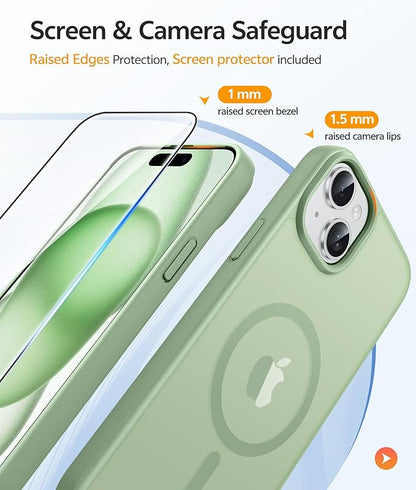 FNTCASE for iPhone 15 Case: for iPhone 14 Case & iPhone 13 Case [Compatible with Magsafe] Translucent Matte Cases with [Screen Protector] Military Grade Shockproof Protective Phone Cover - Light Moss