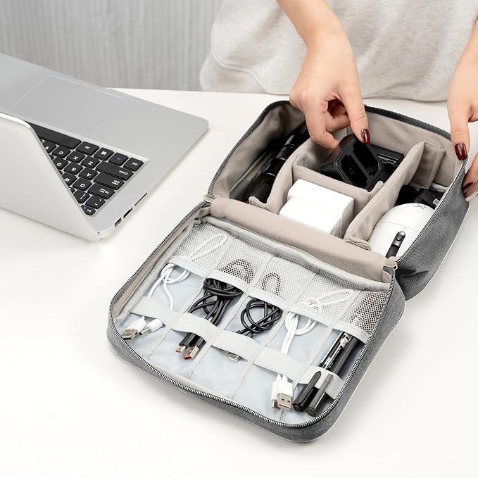 Cable Organizer bag for women or men,Electronic Accessories Carry Case Portable Waterproof Double Layers All-in-One Storage Bag for Cord, Charger, Phone, Earphone (Grey)