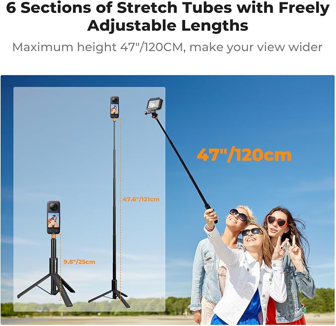 K&F CONCEPT Invisible Selfie Stick, Extension Long Pole（120cm/47.2in） Compatible with Insta360 X5/X4/X3 GoPro Hero 13/12/11 DJI OSMO 360 Pocket 3, 1/4" Extended Monopod with GoPro Adapter.