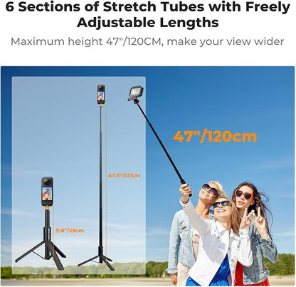 K&F CONCEPT Invisible Selfie Stick, Extension Long Pole（120cm/47.2in） Compatible with Insta360 X5/X4/X3 GoPro Hero 13/12/11 DJI OSMO 360 Pocket 3, 1/4" Extended Monopod with GoPro Adapter.