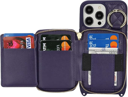 Crossbody Wallet Case for iPhone 14 Pro Max, PU Leather Zipper Handbag Purse Flip Cover, Kickstand Folio Case with Card Slots Holder Wrist Strap Lanyard 5G 6.7 Inch-Purple