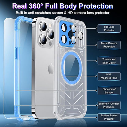 Temdan Magnetic for iPhone 15 Pro Max Case Waterproof,[Built-in Screen & Camera Protector][Full Body Shockproof][IP68 Underwater][Dustproof] Shockproof Phone Case for iPhone 15 Pro Max 6.7"-Blue