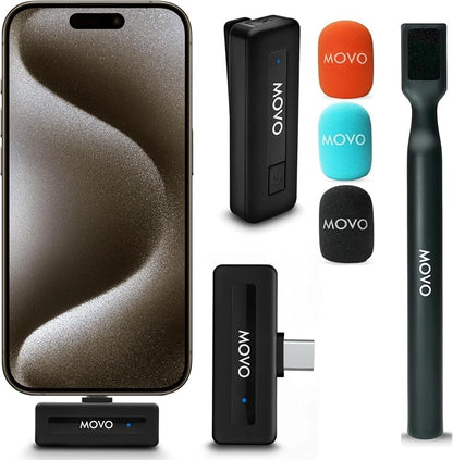 Movo Wireless Mini UC Ultra Compact Wireless Lavalier Microphone for iPhone 15/16/17 and up with WMX-HM Handheld Adapter - Lapel Mic with Handle Mount for Content Creators, Interviews, Reporting