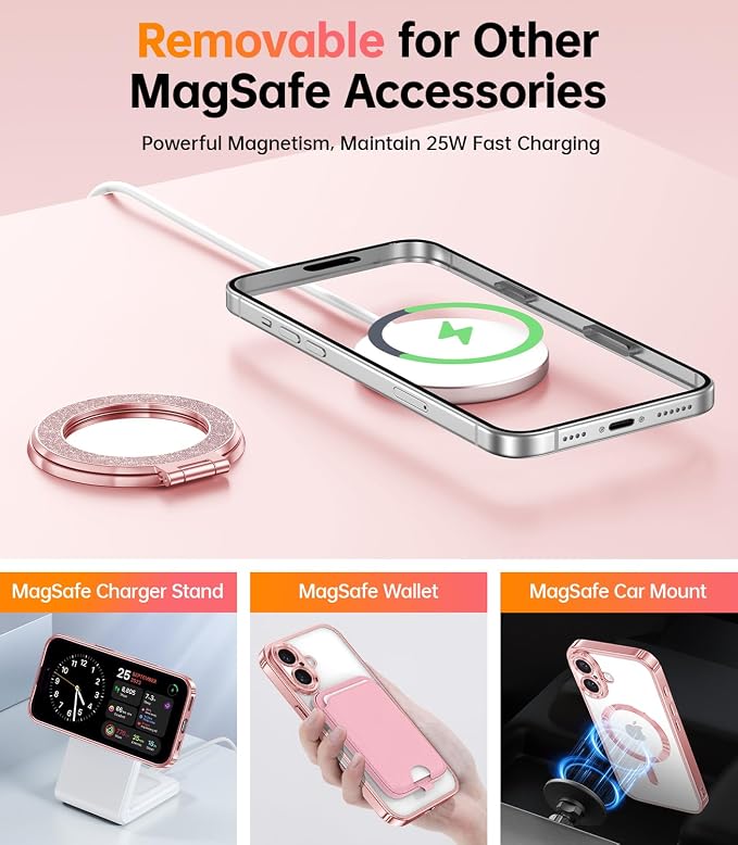 Meifigno Magnetic Case with Removable Phone Ring Stand for iPhone 16 Plus, [Glitter Card & Wrist Strap] [MagSafe Compatible] [Built in Mirror] Magnetic Phone Ring Holder + 16 Plus Case Kit, Rose Gold