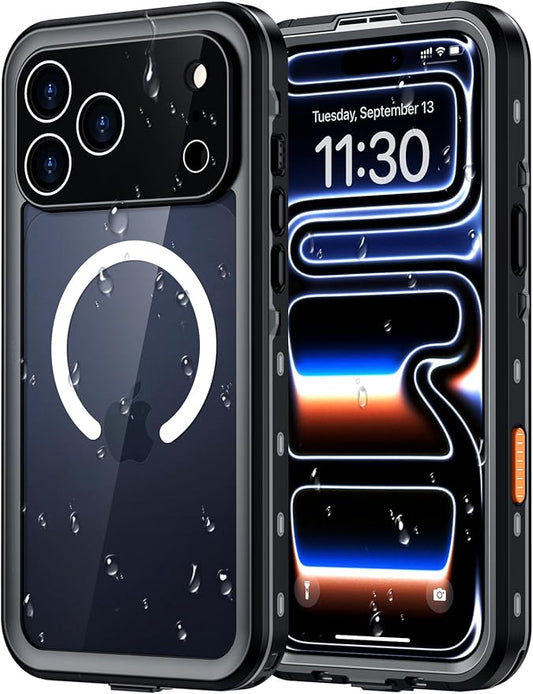 Red2Fire for iPhone 17 Pro Case Waterproof, [Built-in Screen Protector & Camera Protector][Compatible with MagSafe][Full Body Shockproof][IP68 Waterproof][Dustproof] Phone Case 6.3" Black/Clear