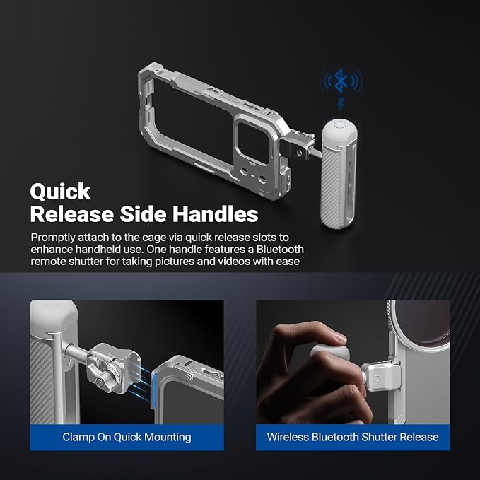 NEEWER Phone Cage Kit Compatible with iPhone 17 Pro Only, Video Rig Stabilizer Accessories with 67mm Filter Ring, 17mm & T Mount Lens Backplates, Quick Release Bluetooth Handle, PA143 (Silver)
