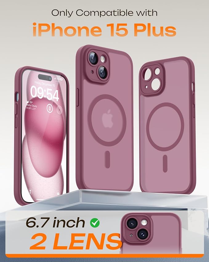 TOCOL for Phone 15 Plus Case, Compatible with Magsafe Charger, Full Camera Protection, Drop Protection, Translucent Matte Phone Case for iPhone 15 Plus 6.7 inch (Plum)