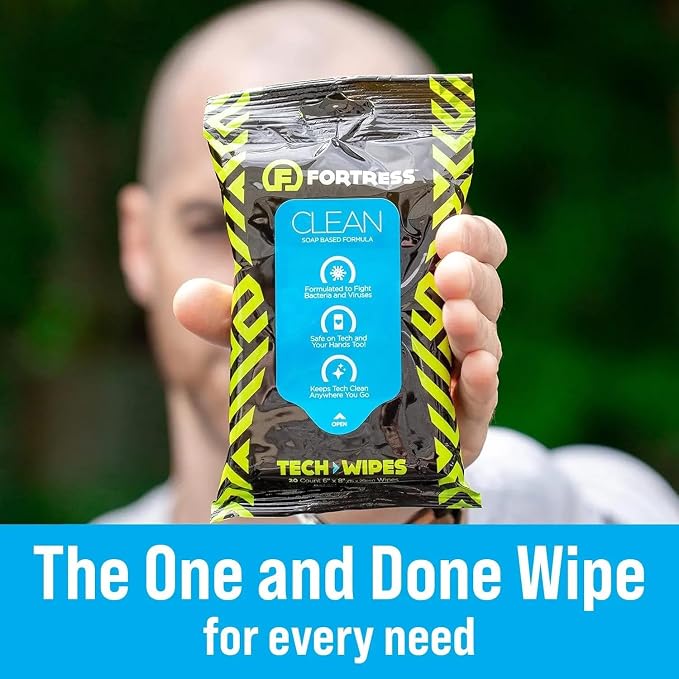 Fortress Electronic Wipes With Microfiber Cloth (25 ct, Pack of 10) To-Go Tech Wipes for Screens, Phones, Keyboards, TV Monitors, Computer Screens, and More [Travel Size] Skin-Safe