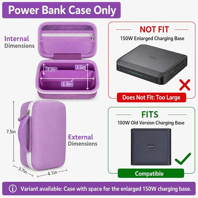 Laptop Power Bank Case for Anker 25000& Prime 27650, Purple | Organizes the Power Bank, Small Cables and 100W Charging Base; Larger 150W Charging Base Does Not Fit, Case Only