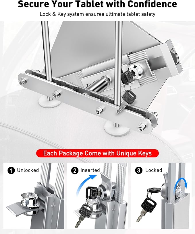 AboveTEK Tablet Holder for Car Headrest- Anti-Theft iPad Car Holder Back Seat, Secure Locking System with 360° Swivel, Universal for 4-11" Tablets, Durable Aluminum Mount for Travel & Business, Silver
