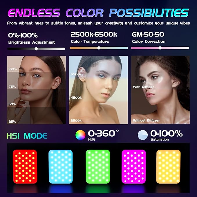 Selfie Light - BANSINE USB-Rechargeable RGB LED Phone Light - Portable Photo Light with 97+ CRI, 2500K-6500K Color Temperature for Video, Makeup, Live Streaming, and Photography