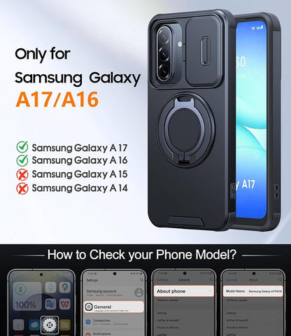 JAME for Samsung Galaxy A17/A16 5G Case, Ring Holder Stand, Slide Camera Cover, 2 Pack Screen Protectors, Dual-Layer Shockproof Protective, Magnetic Accessory Friendly Galaxy A16/A17 4G Case, Black