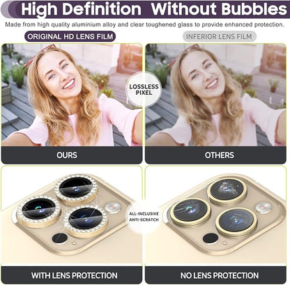 Suoman for iPhone 14 Pro Max / 14 Pro Camera Lens Protector, [Diamonds Bling] 9H Tempered Glass, Full Coverage Metal Protective Cover- Diamond Gold