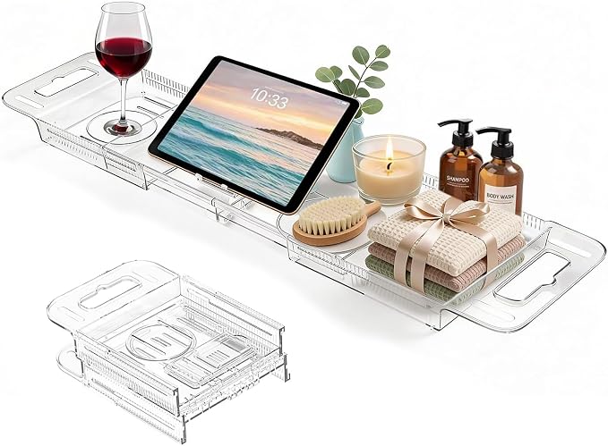 Expandable Bathtub Tray Caddy, Clear Bath Tray for Tub for Bath Relaxing, Foldable Bath Table Trays, Bathtub & Bathroom Accessories for Women Gift, Anniversary or Wedding Gifts, New Home