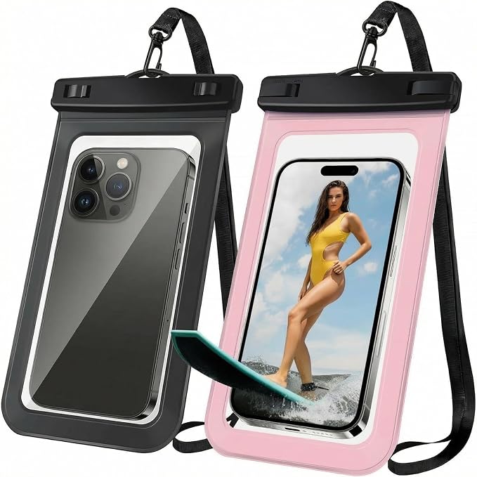 [2 Pack Waterproof Phone Case, Universal Dry Bag for iPhone 15/14/13/12 Pro Max, IPX8 Waterproof Pouch, Cruise Ship & Beach Essentials, Black & Pink - 6.8"