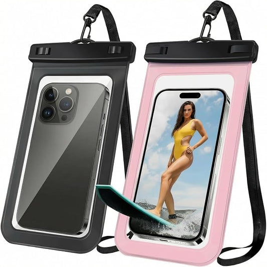 [2 Pack Waterproof Phone Case, Universal Dry Bag for iPhone 15/14/13/12 Pro Max, IPX8 Waterproof Pouch, Cruise Ship & Beach Essentials, Black & Pink - 6.8"
