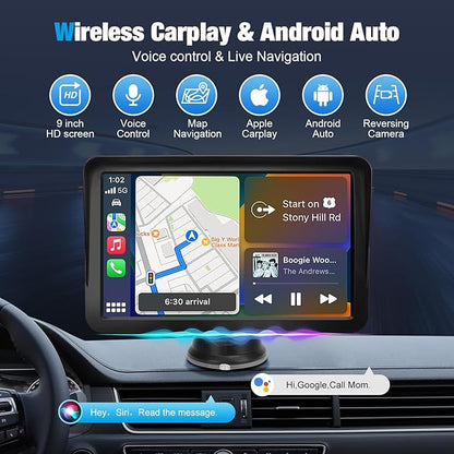 9" Wireless CarPlay Screen for Car, Apple CarPlay & Android Auto Receiver with 1080P Backup Camera, HD Touchscreen, Bluetooth, GPS, Voice Control，Universal Fit for All Cars