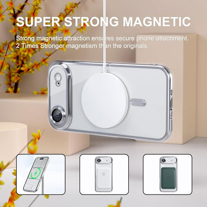 Misea Magnetic for iPhone 17 Air Case Compatible with MagSafe [Never Yellowing] [Military Grade Drop Protection] Full Camera Lens Protector Plating Soft Clear Phone Case for Women, Silver