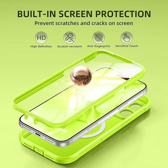 BERFY for iPhone 17 Pro Case, Compatible with MagSafe, Built-in Glass Screen Protector, Camera Protection, Shockproof Full Body Phone case 6.3", Translucent Bright Green