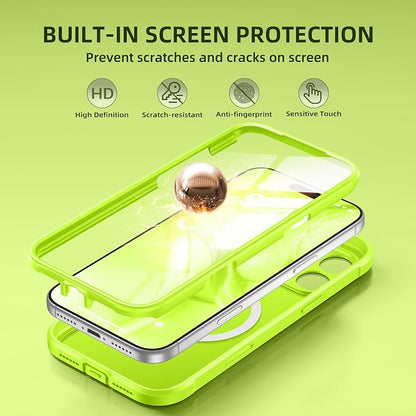 BERFY for iPhone 17 Pro Case, Compatible with MagSafe, Built-in Glass Screen Protector, Camera Protection, Shockproof Full Body Phone case 6.3", Translucent Bright Green