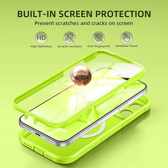 BERFY for iPhone 17 Pro Max Case, Compatible with MagSafe, Built-in Glass Screen Protector, Camera Protection, Shockproof Full Body Phone case 6.9", Translucent Bright Green