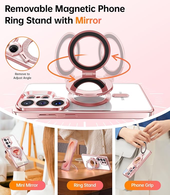 Meifigno Magnetic Case for Samsung Galaxy S26 Ultra 6.9" + Removable Phone Grip Kit, [Phone Ring Holder with Built-in Mirror] [Compatible with MagSafe] [Glitter Card & Wrist Strap], Rose Gold