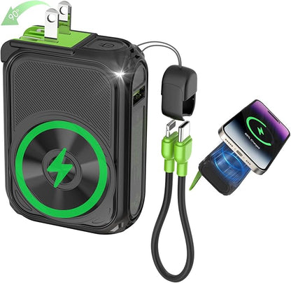P05 Portable Charger, Magnetic Power Bank, Small Wireless PowerBank, Battery Pack 10000mAh Emergency Travel Essentials Fast Charging with Built in Cable, Foldable Wall Plug for iPhone,Samsung,Andriod