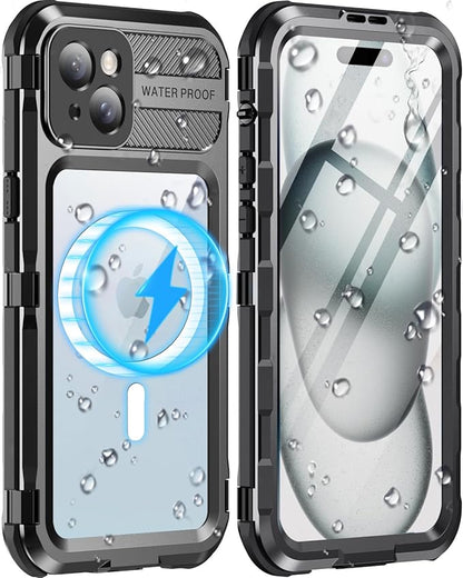 WIFORT for iPhone 15 Plus Waterproof Case - Built-in [Screen Protector][IP68 Water Proof][14FT Military Grade Shockproof], Rugged Metal Full Body Aluminum Protective Drop Protection Cover, 6.7" Black